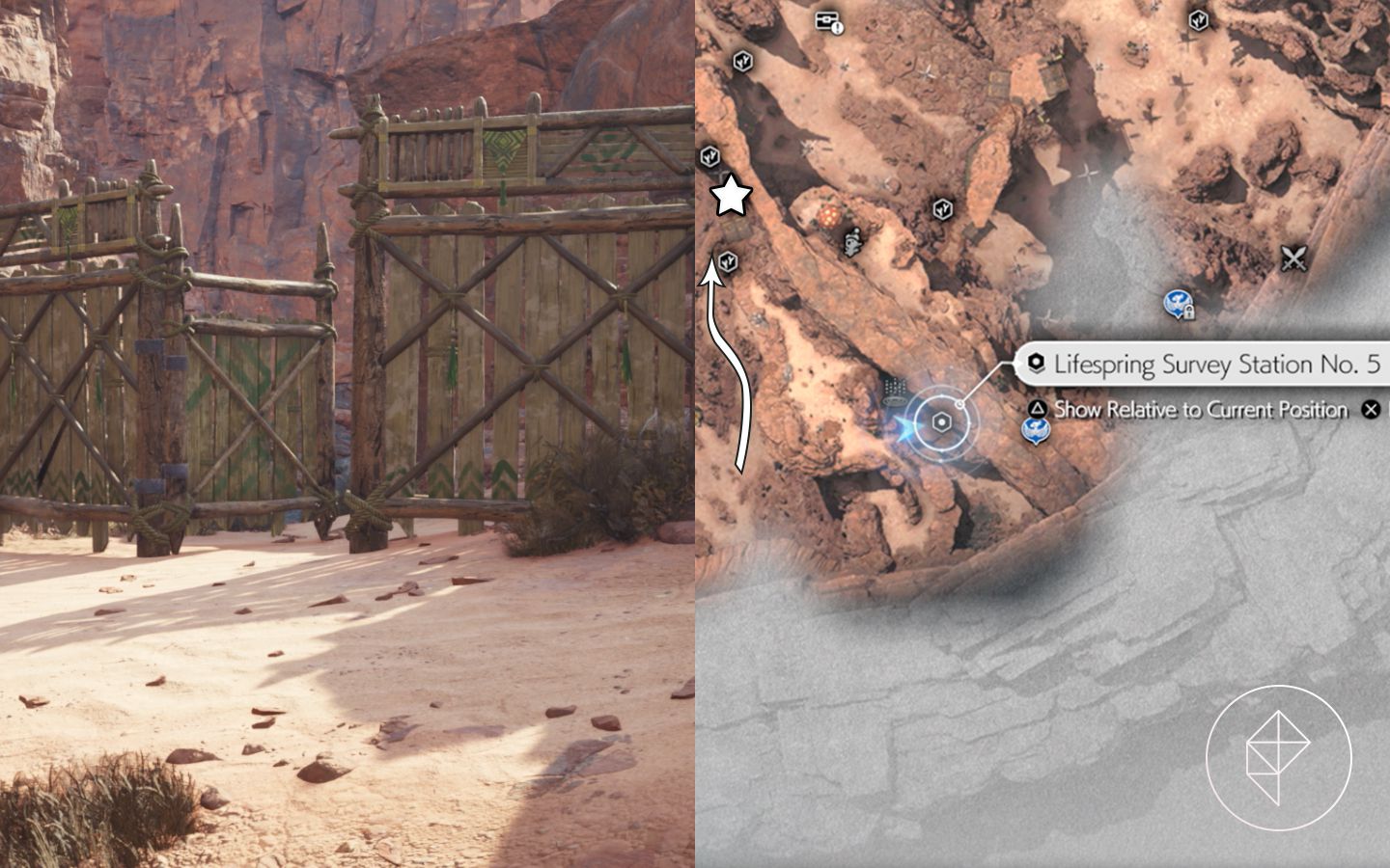 Um mapa mostrando onde encontrar a estação de pesquisa lifespring 5 com um portão para ela em Cosmo Canyon de FF7 Rebirth
