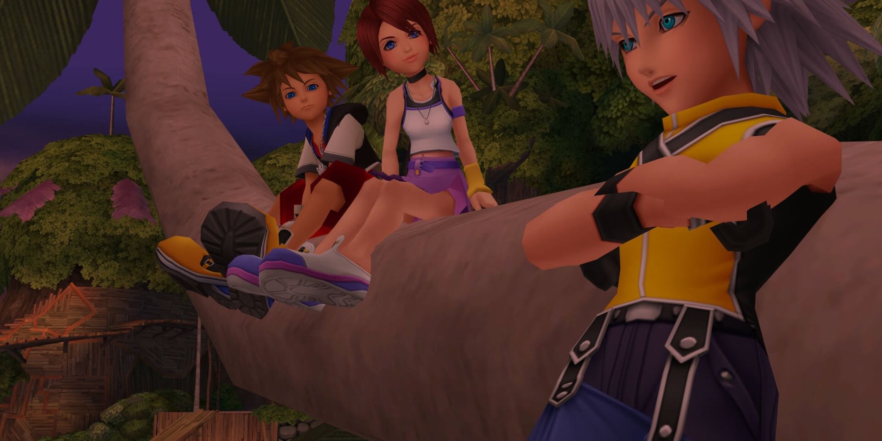 Personnages de Kingdom Hearts assis sur une branche