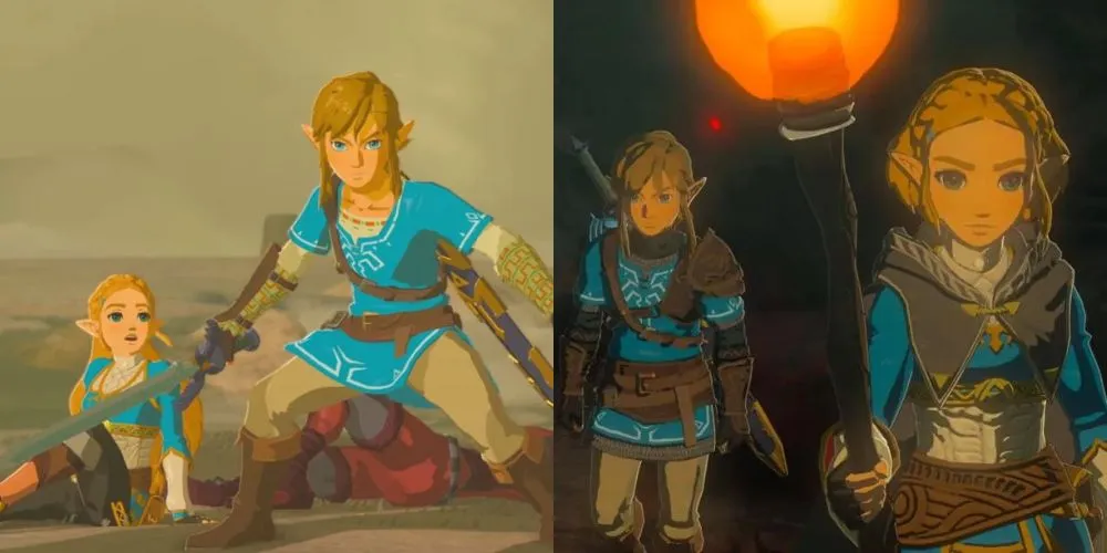 Link protégeant Zelda dans Breath of the Wild et Link & Zelda explorant sous le Château d'Hyrule