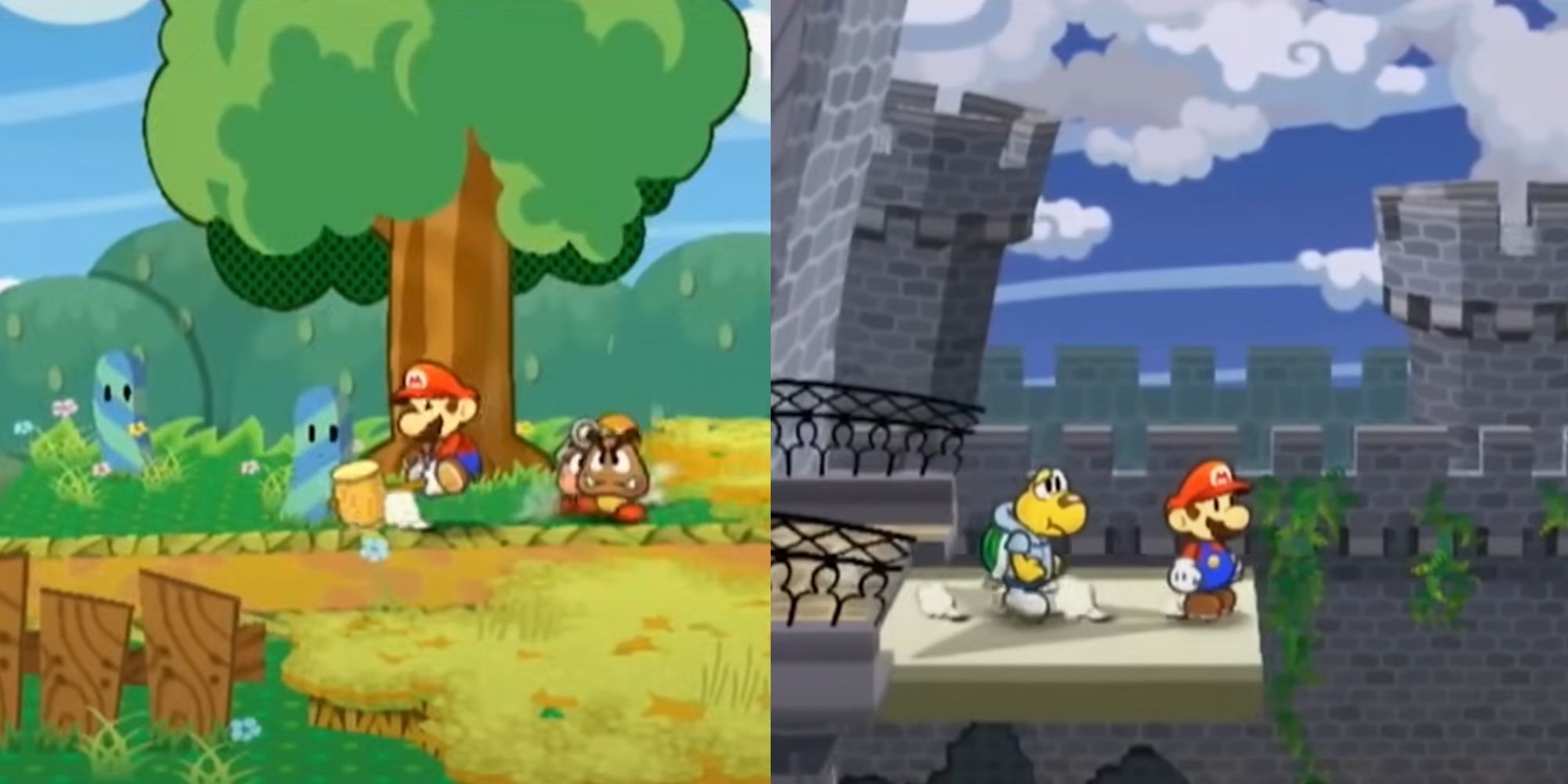 Paper Mario smashing something with his hammer, and Mario and a Koopa stood at the end of a bridge