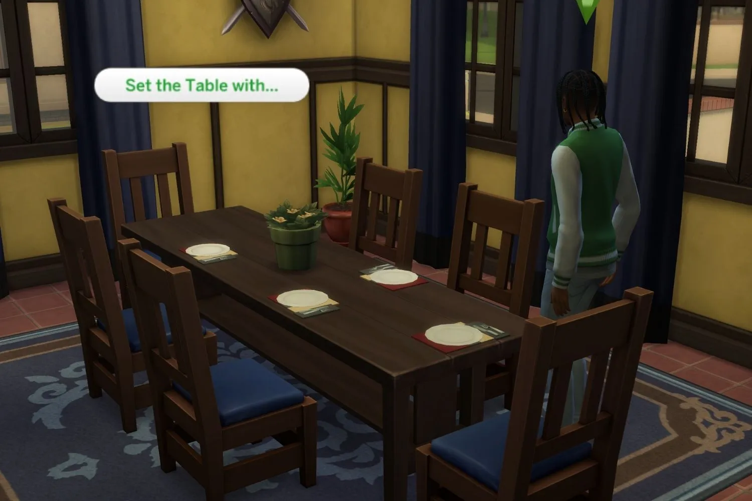 Um Sim adolescente arruma a mesa para o jantar.
