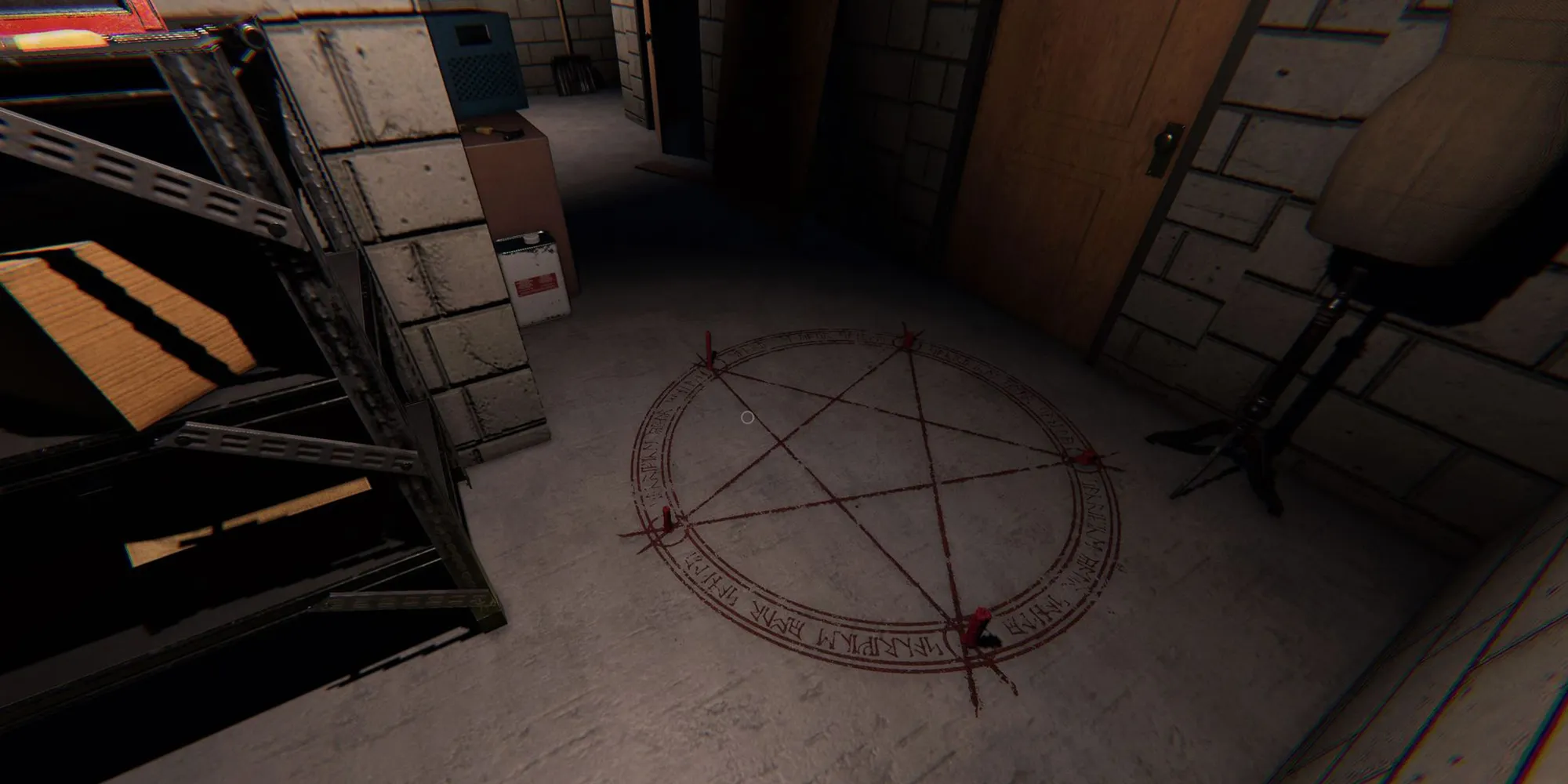 Image depicts a red summoning circle on the ground in the basement of Willow Street in Phasmophobia.