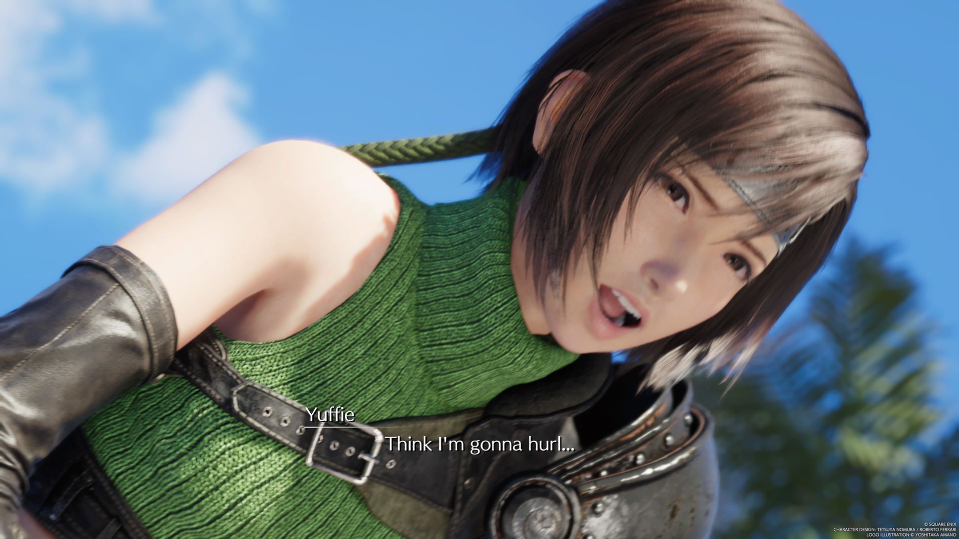 Image: Yuffie about to vomit after riding in a car in Final Fantasy 7 Rebirth