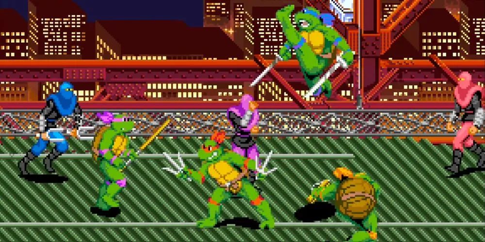 The Teenage Mutant Ninja Turtles fighting the foot clan in Level 1.