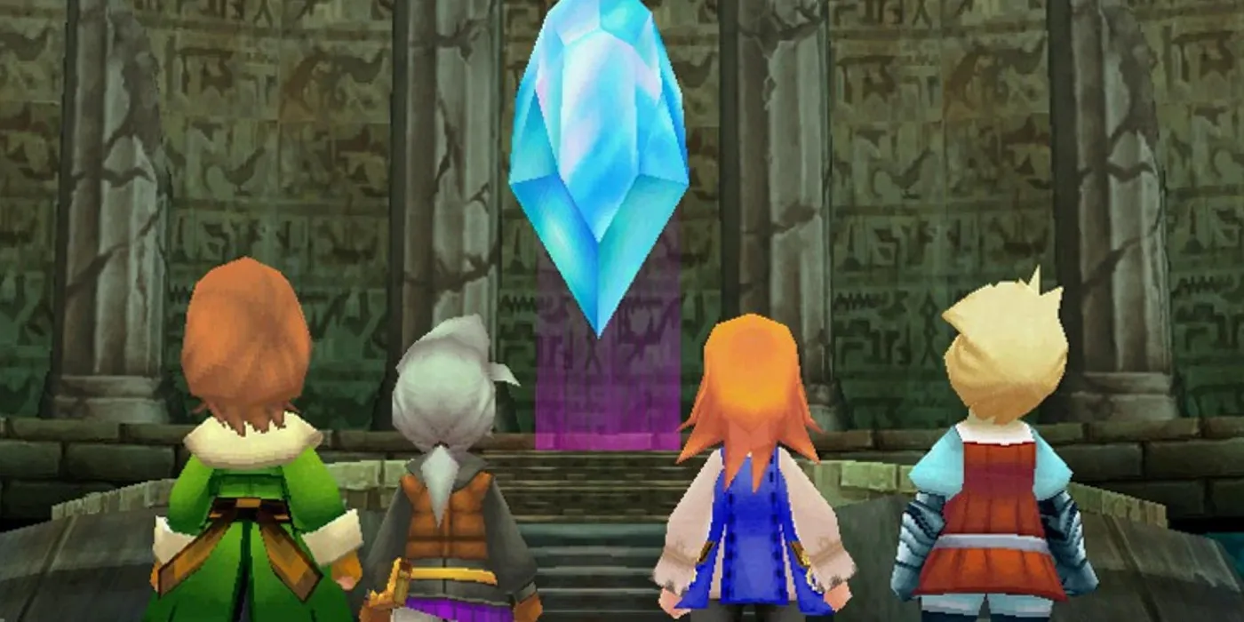 最终幻想III 3D版本的主角们在看水晶