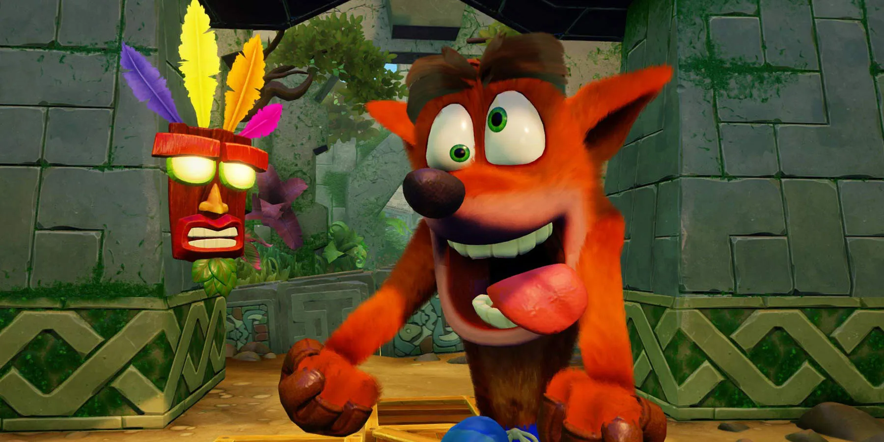Скриншот Crash Bandicoot, танцующего рядом с Aku-Aku