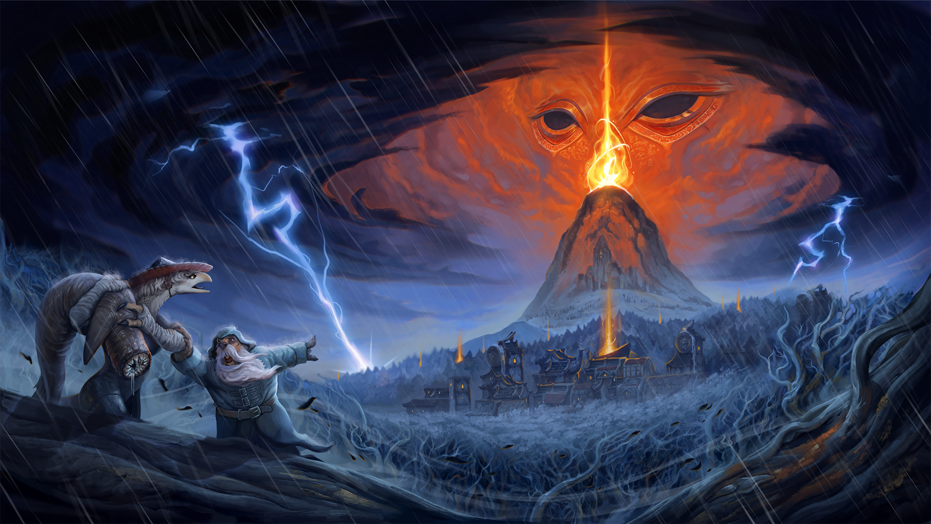 Chiave di Against the Storm che mostra due personaggi coloni in primo piano che fuggono da una tempesta massiccia e un vulcano dall'aspetto malvagio in lontananza.