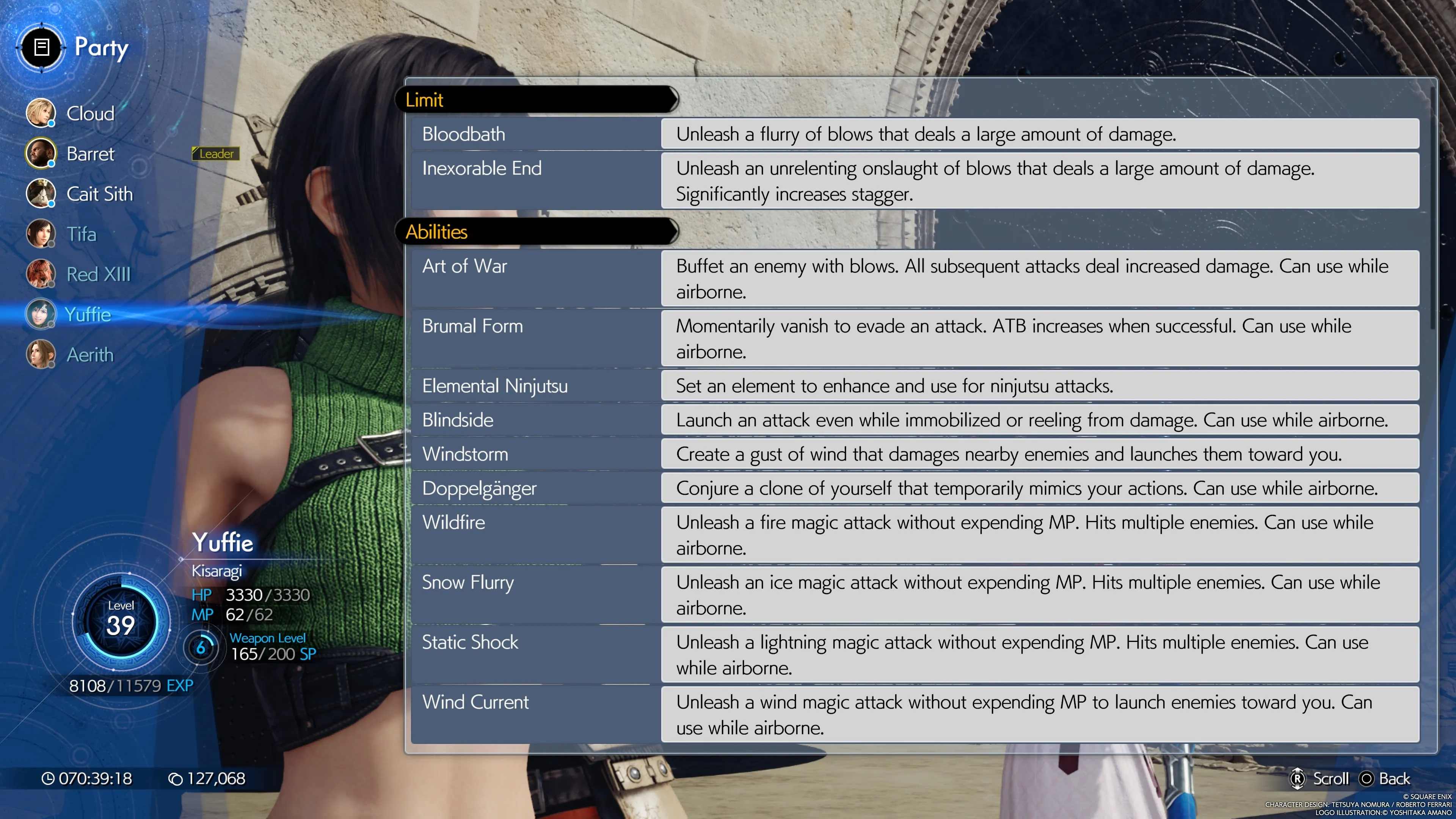 FINAL FANTASY VII REBIRTH Yuffie Limits And Abilities as seen in the in-game menu