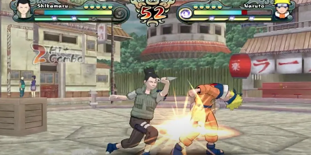 Shikimaru atacando a Naruto con un kunai