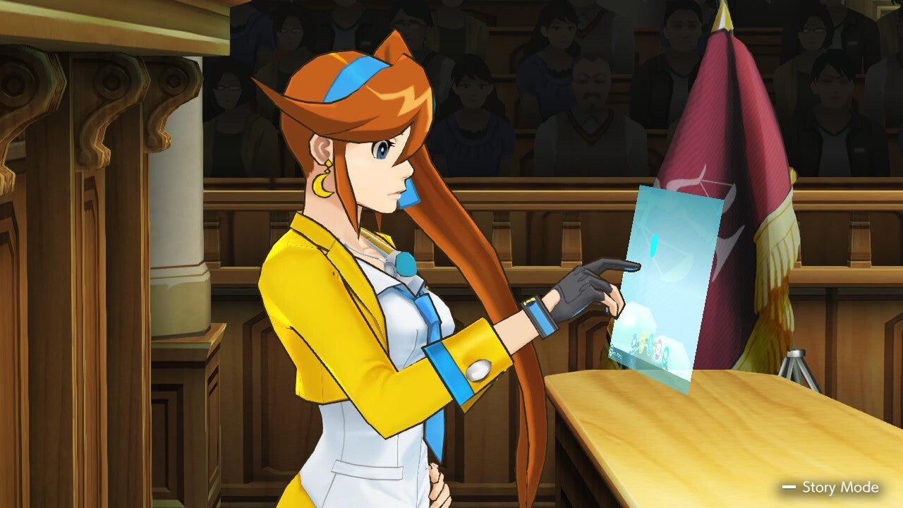 Captura de pantalla de la Trilogía de Apollo Justice mostrando a un personaje femenino señalando un documento en la corte