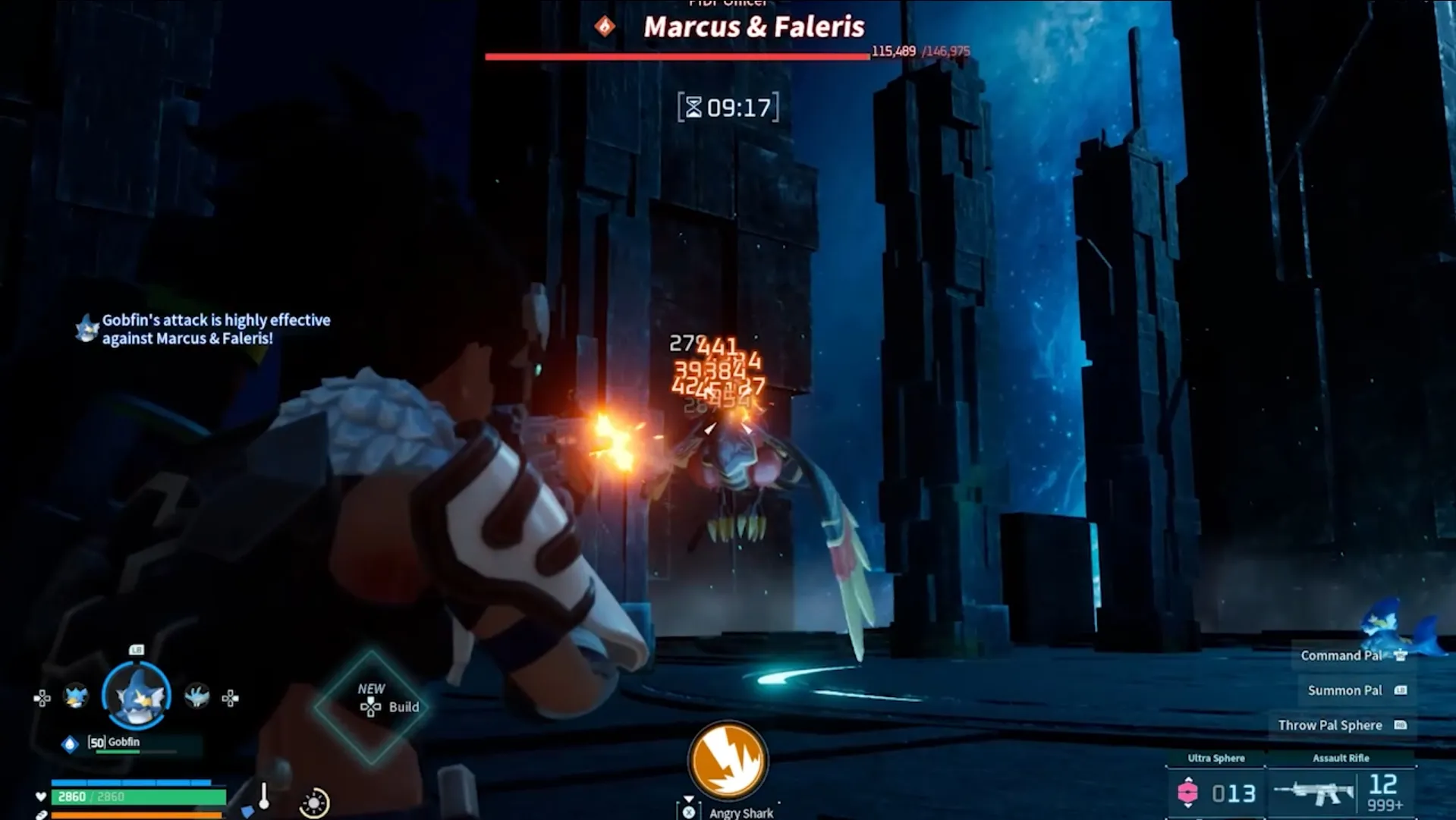 Un jugador aterrizando disparos en la cabeza usando un Rifle de Asalto en el jefe Faleris en Palworld