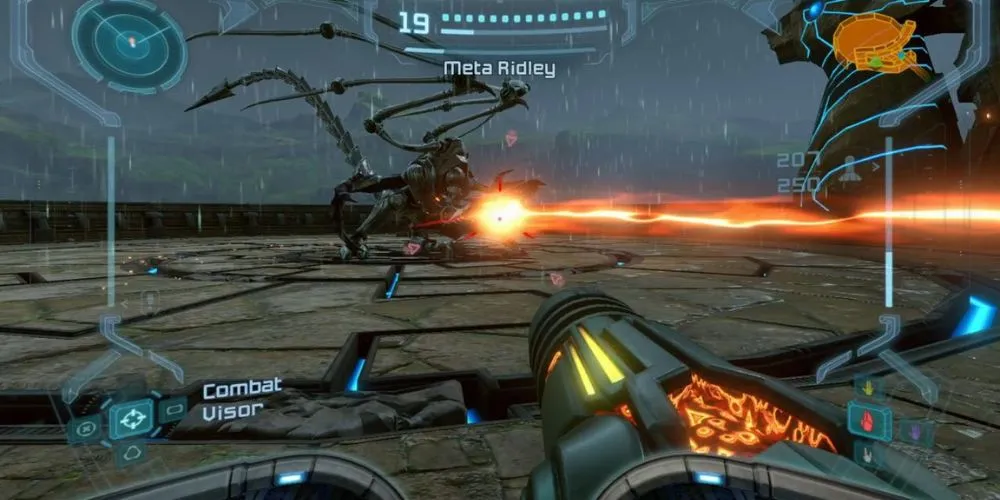 Samus fighting Meta Ridley in Metroid Prime Remastered