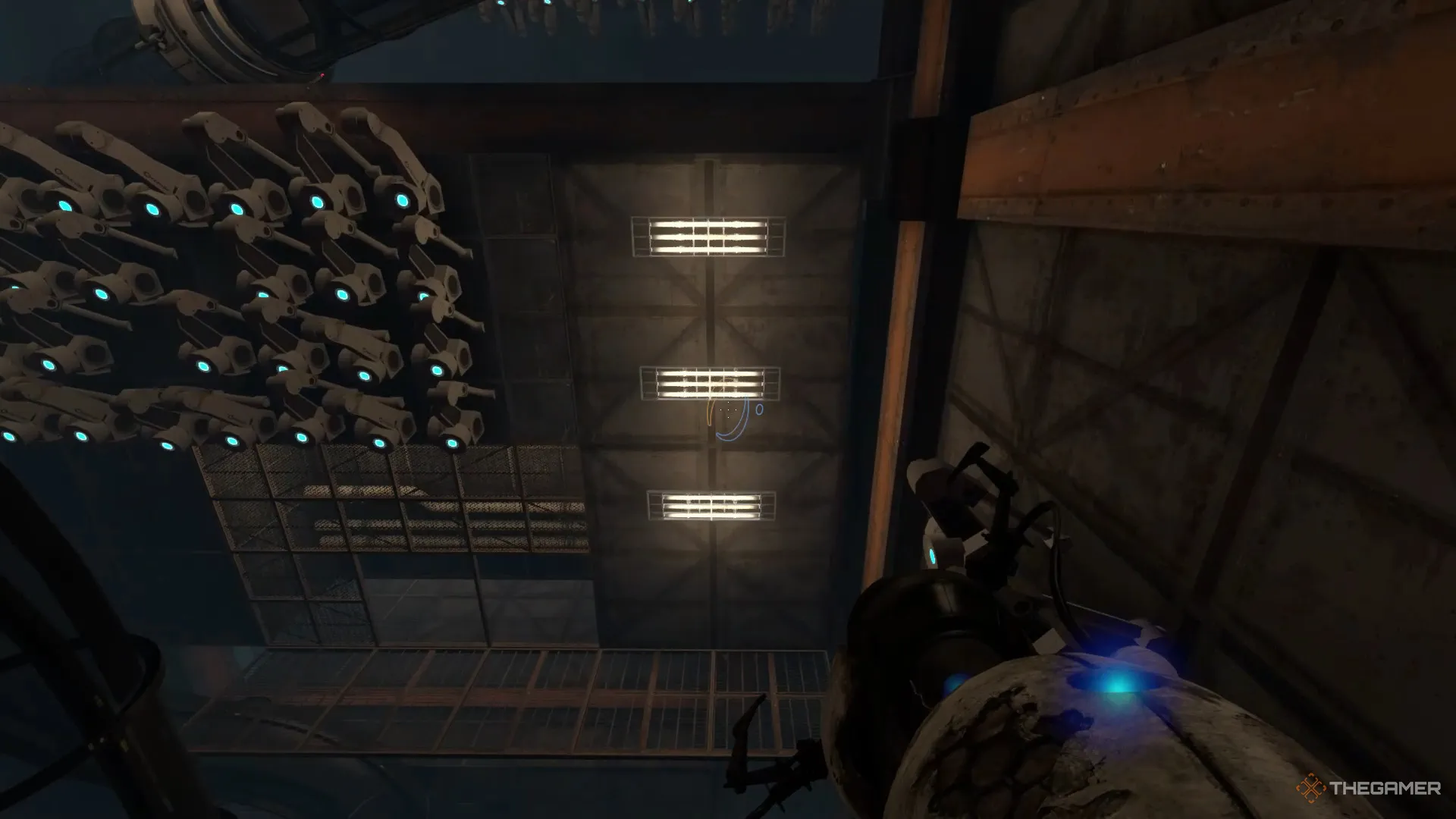 Uma captura de tela do Portal Revolution mostrando o personagem do jogador sendo lançado para uma superfície ralada sobre um grande abismo
