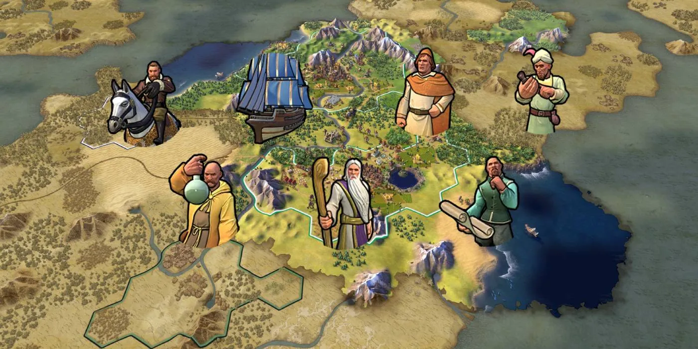 Civilization 6의 지도 위에 위인들의 초상화