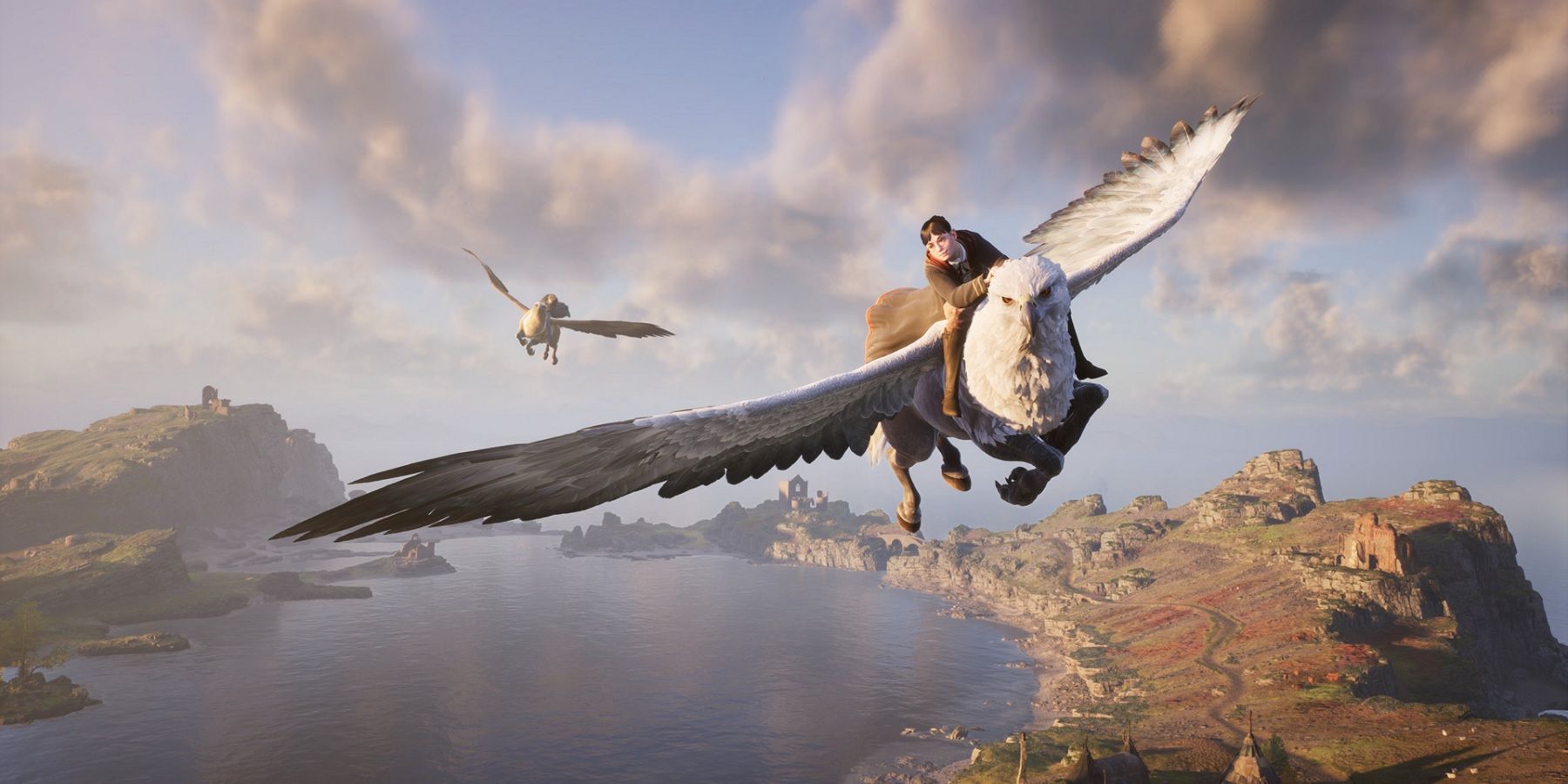 Hogwarts Legacy volant sur un hippogriff avec un compagnon