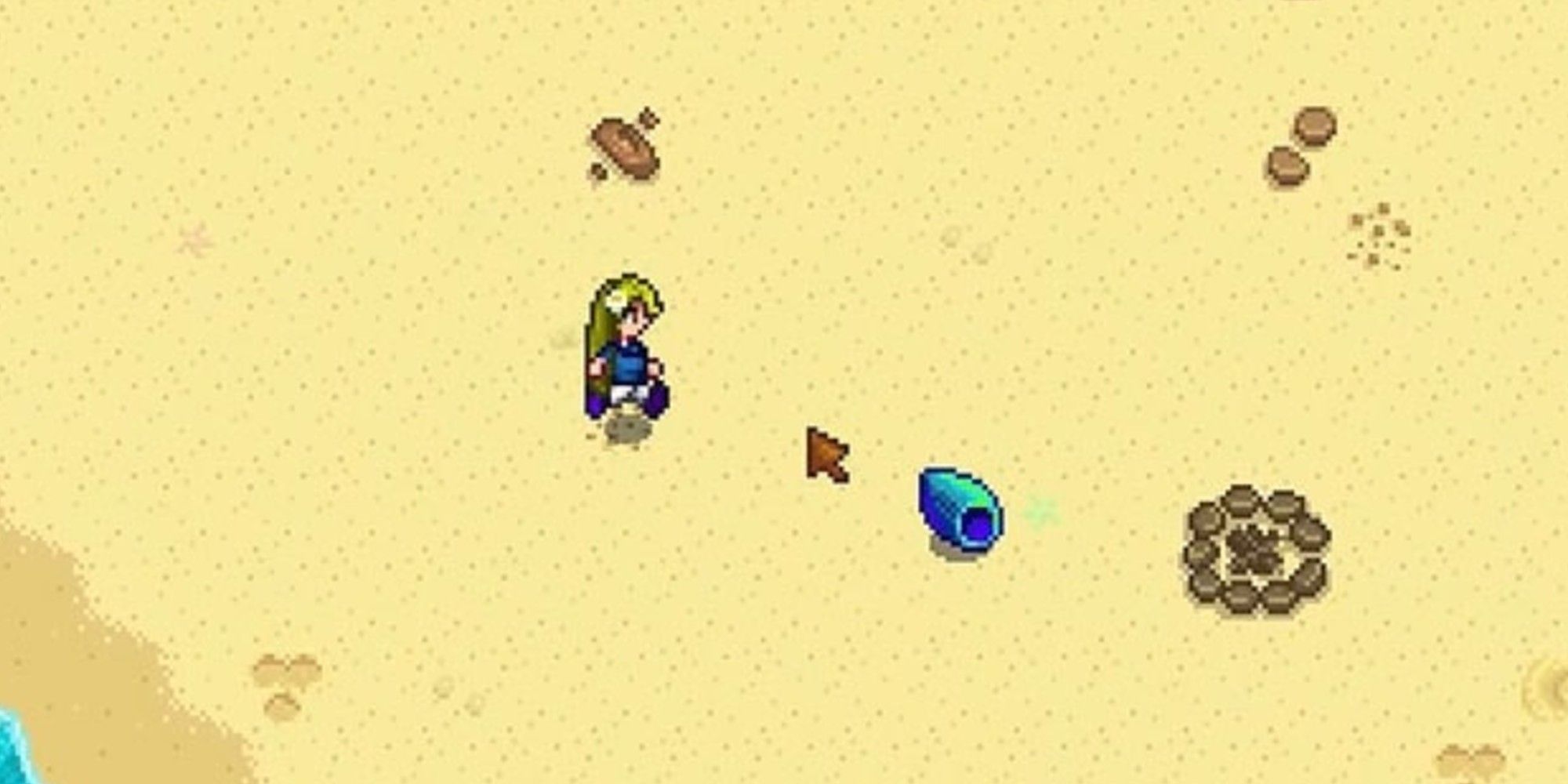 해변으로 가는 플레이어가 무지개 조개에 다가가고 있는 모습