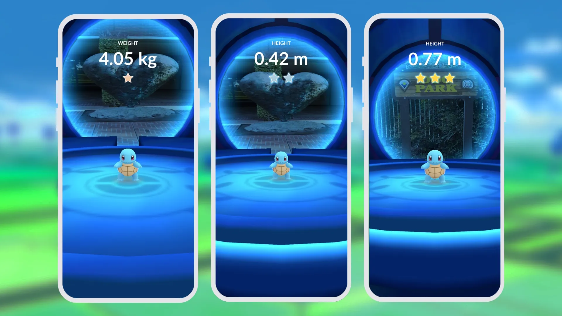 Tres pantallas de teléfono una al lado de la otra, cada una con un Squirtle ingresado en una Exhibición de Pokémon