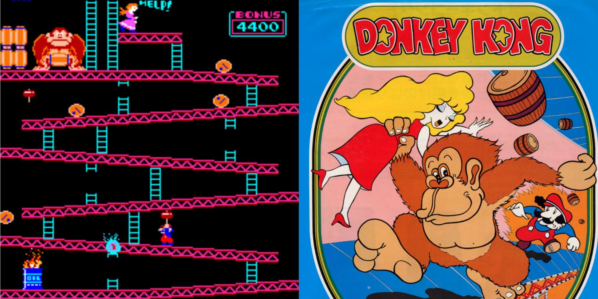 Sinistra - Fase del Barile di Donkey Kong, Destra - Volantino dell'Arcade
