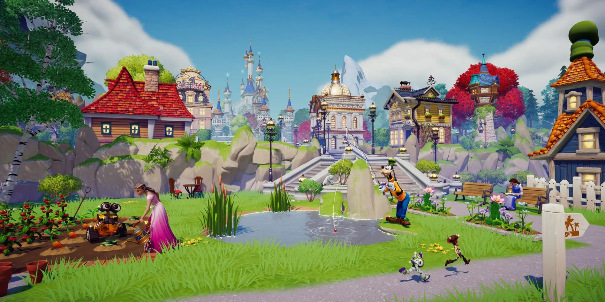 El jugador riega los cultivos mientras Goofy pesca y Bella lee en Disney Dreamlight Valley