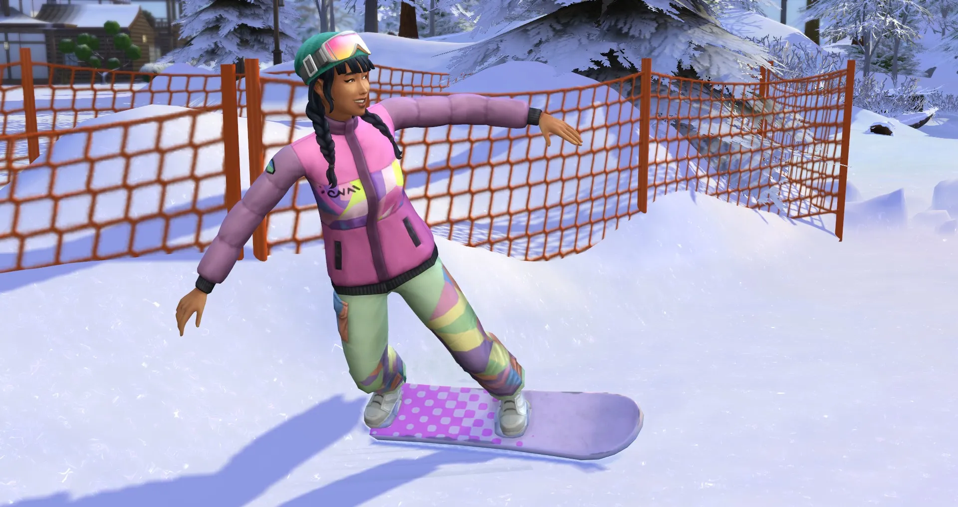 The Sims 4 Snowy Escape에서 스노우보드 실력을 가진 여성 Sim이 스노우보드를 타고 있습니다.