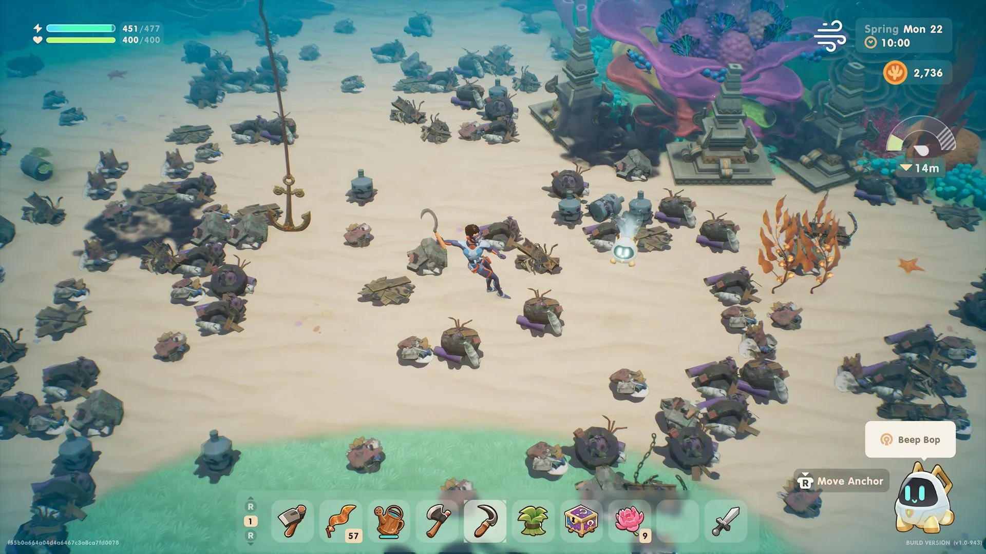 Игрок убирает мусор на дне моря на глубине 14 метров в Coral Island.