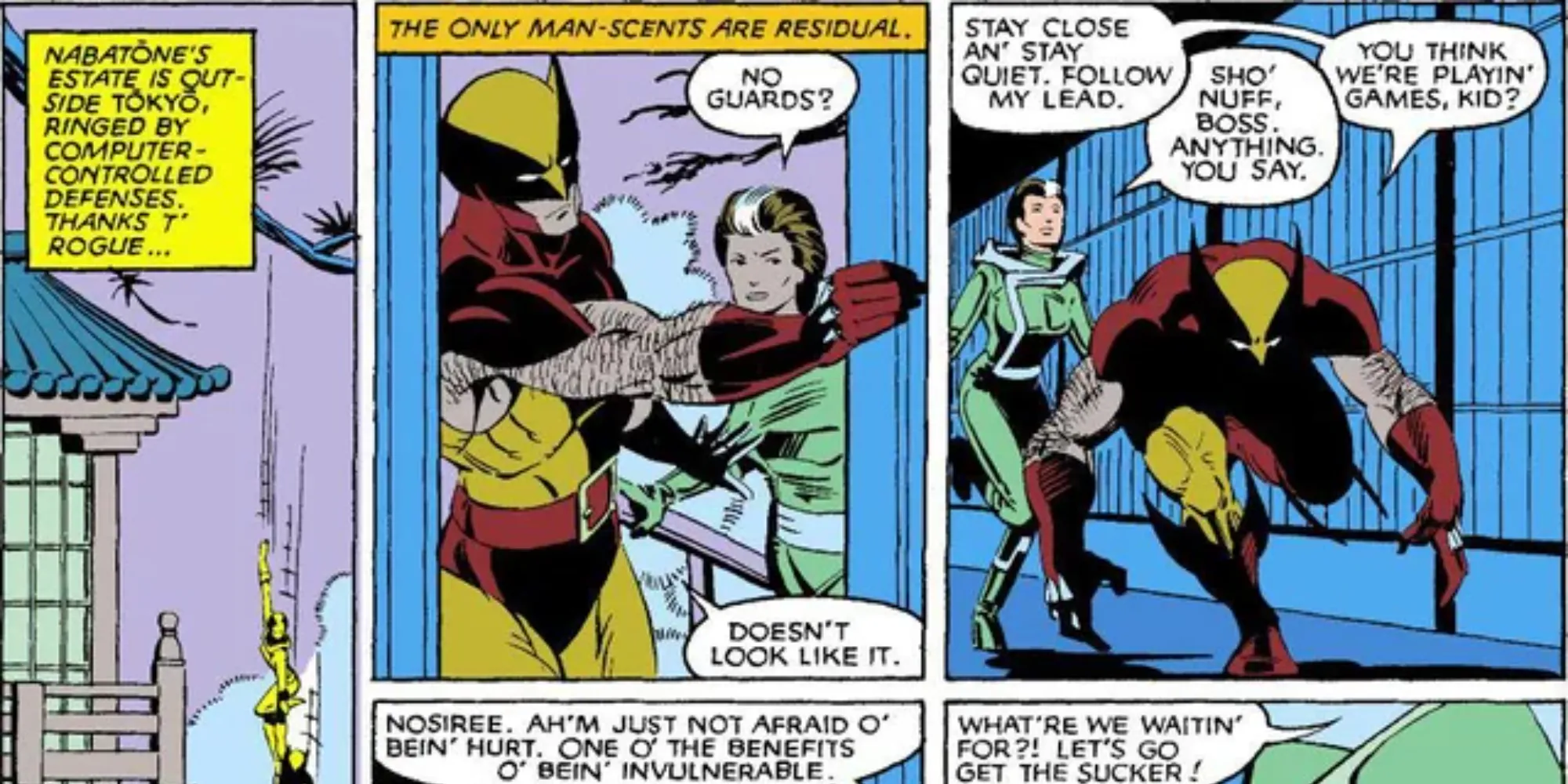 Rogue y Wolverine en una misión en los cómics