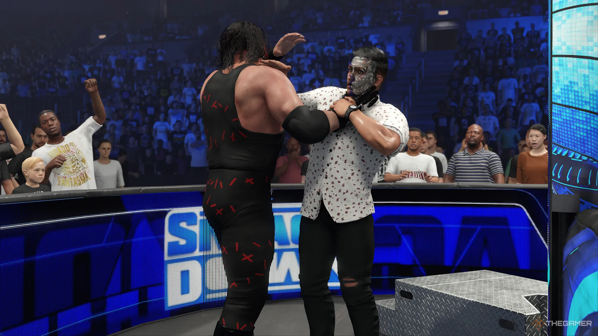 Captura de pantalla de WWE 2K24 MyRise Kane Agarrando al Luchador Creado Para el Chokeslam