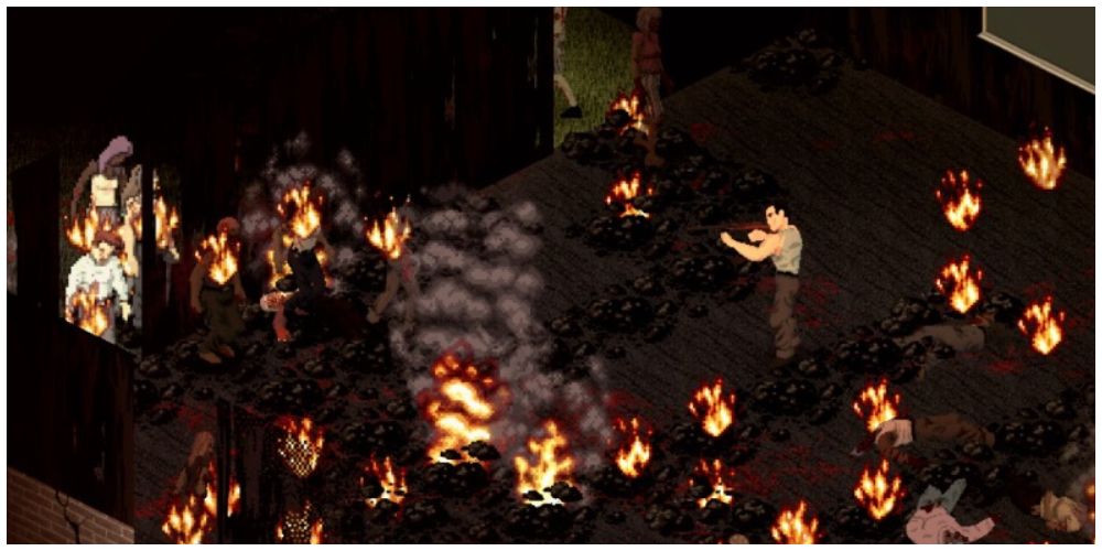 Le protagoniste dans une pièce en feu tirant sur des zombies dans Project Zomboid