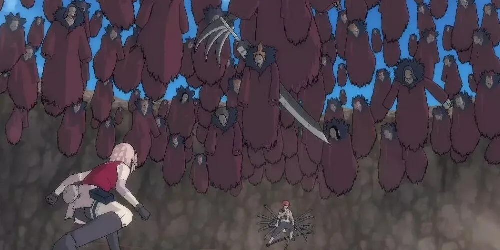 Sakura face à une horde de marionnettes
