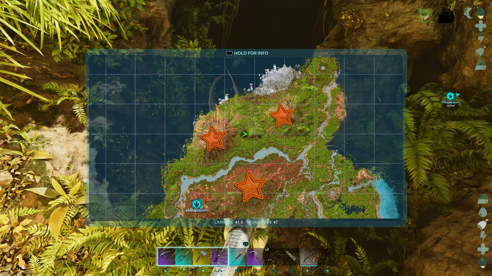 Personaje del jugador mirando un mapa del juego con tres estrellas naranjas editadas sobre las ubicaciones de aparición de Doedicurus en ARK: Sobrevivencia Ascendida.