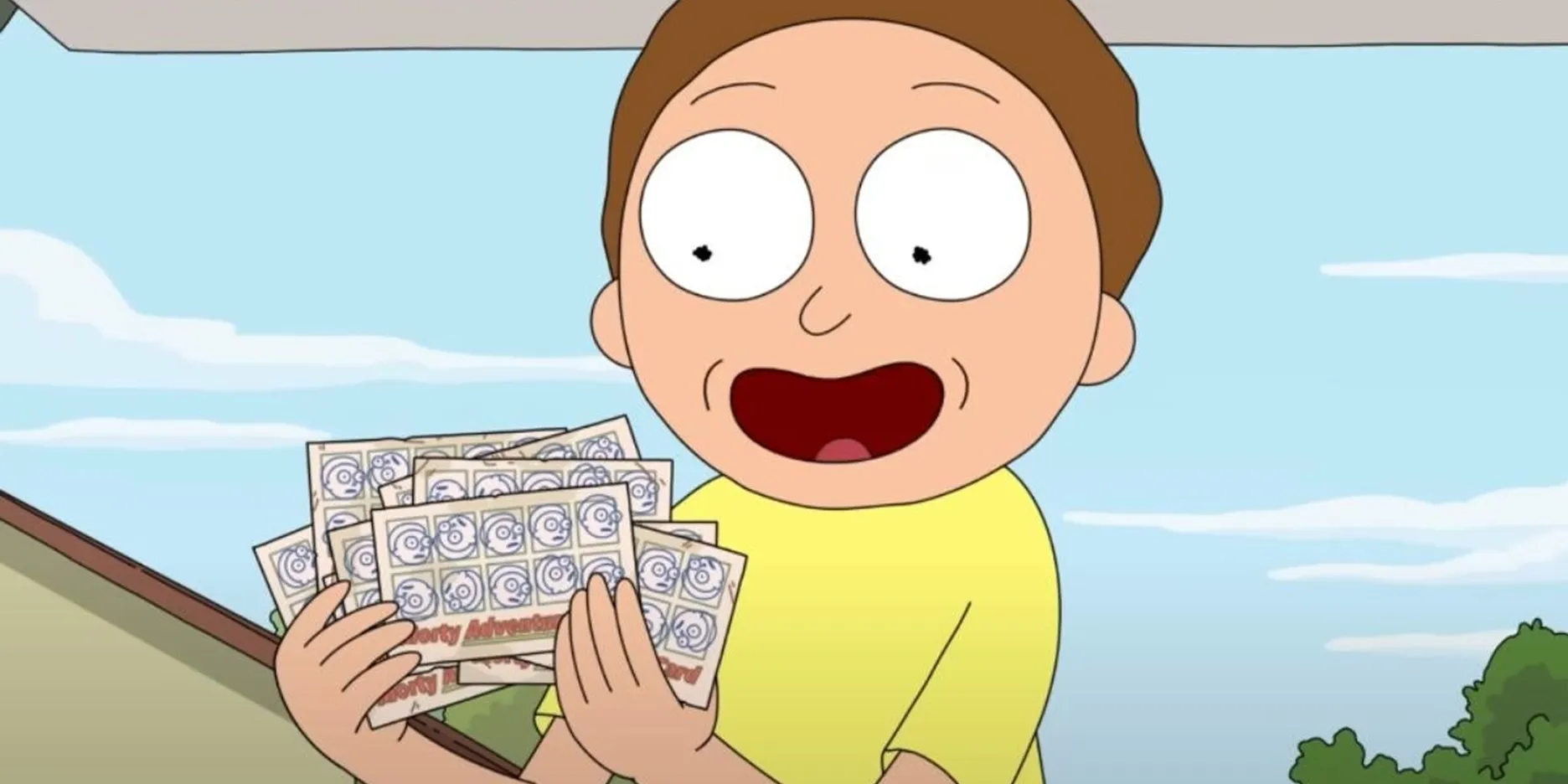 Morty sosteniendo tarjetas perforadas en Rick y Morty