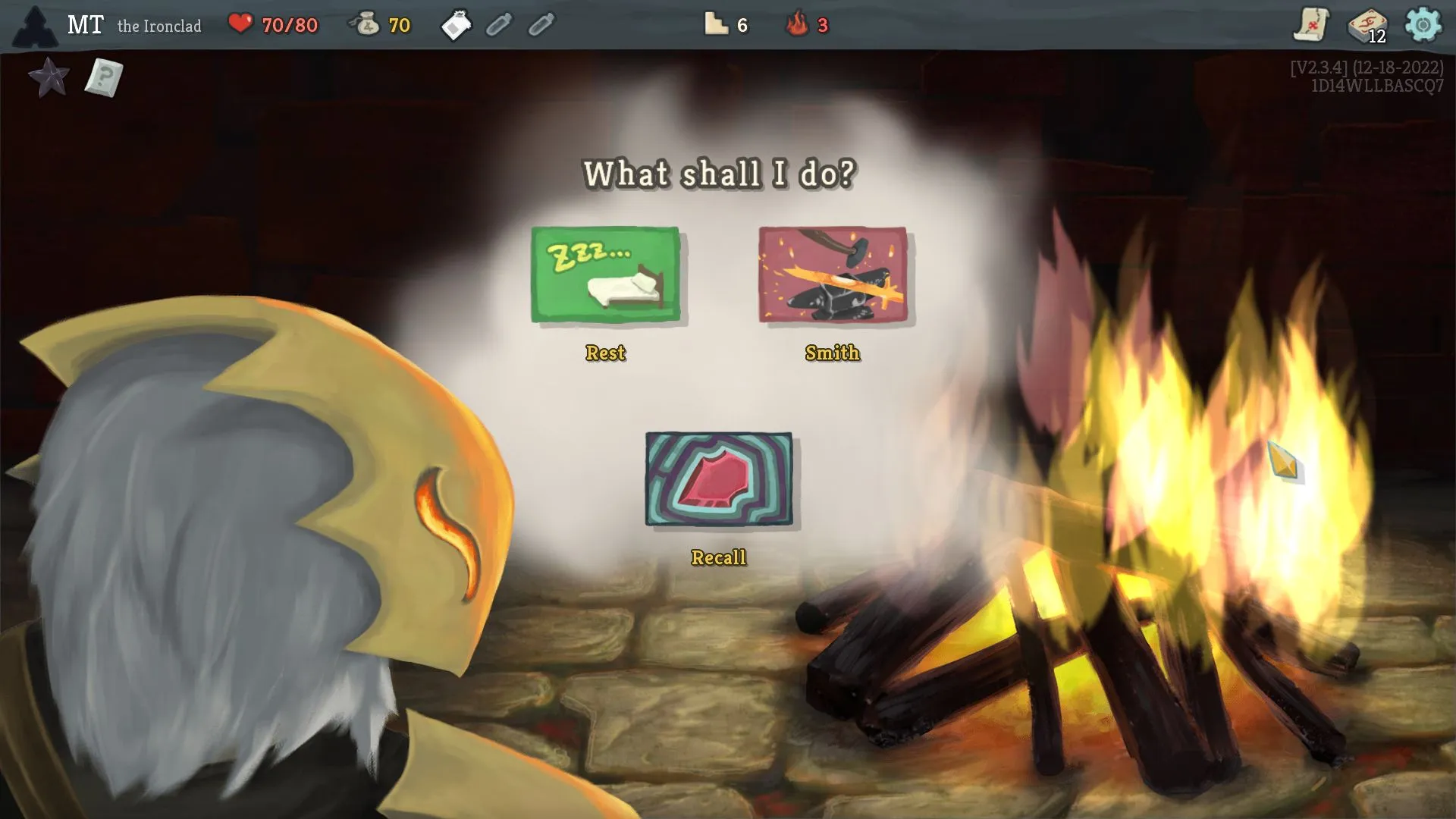 Slay The Spire’s Campfire screen with the recall option to gain the red key