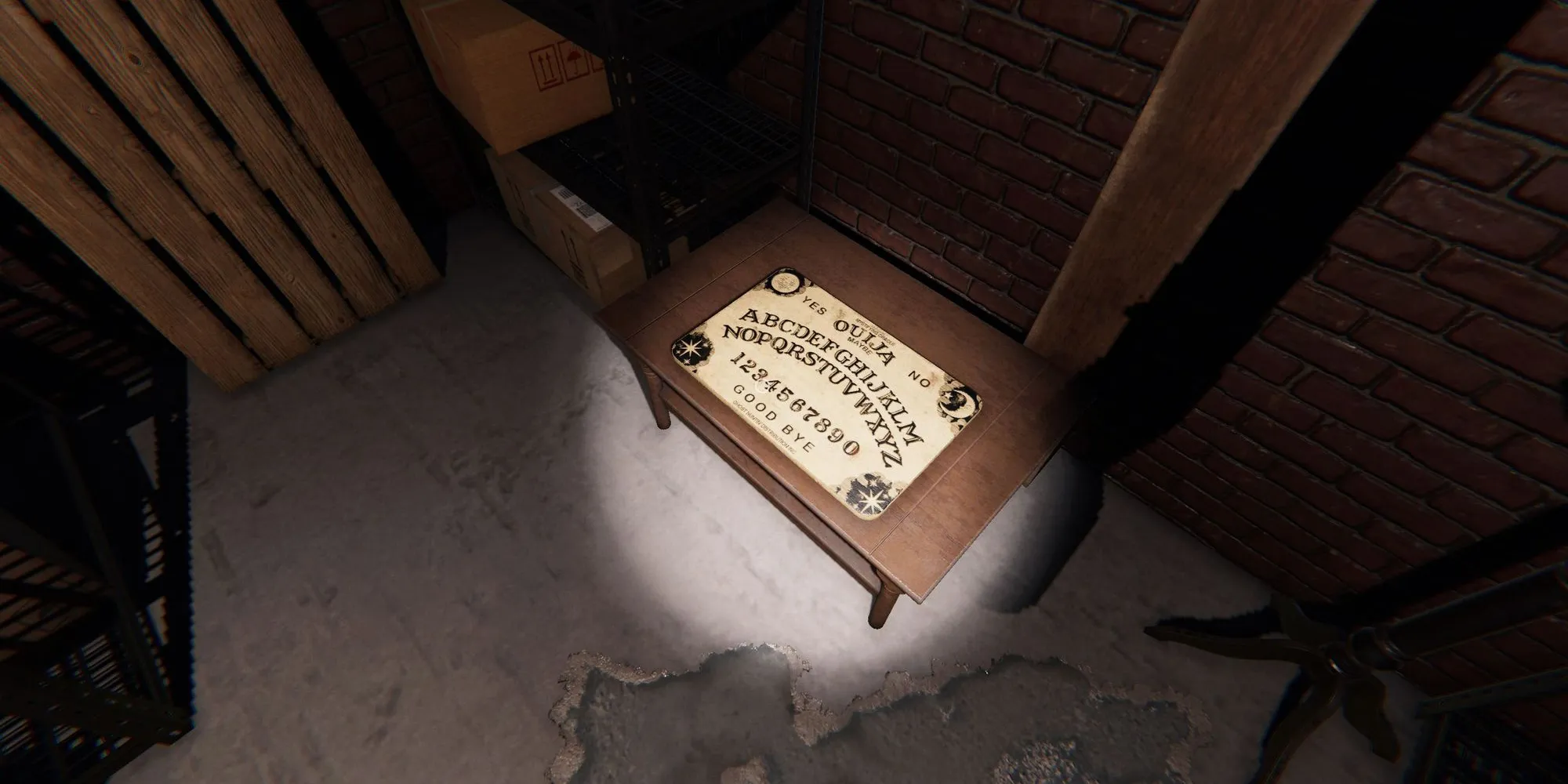 Image depicts the Ouija Board on a wooden table in the basement of Tanglewood Drive in Phasmophobia.