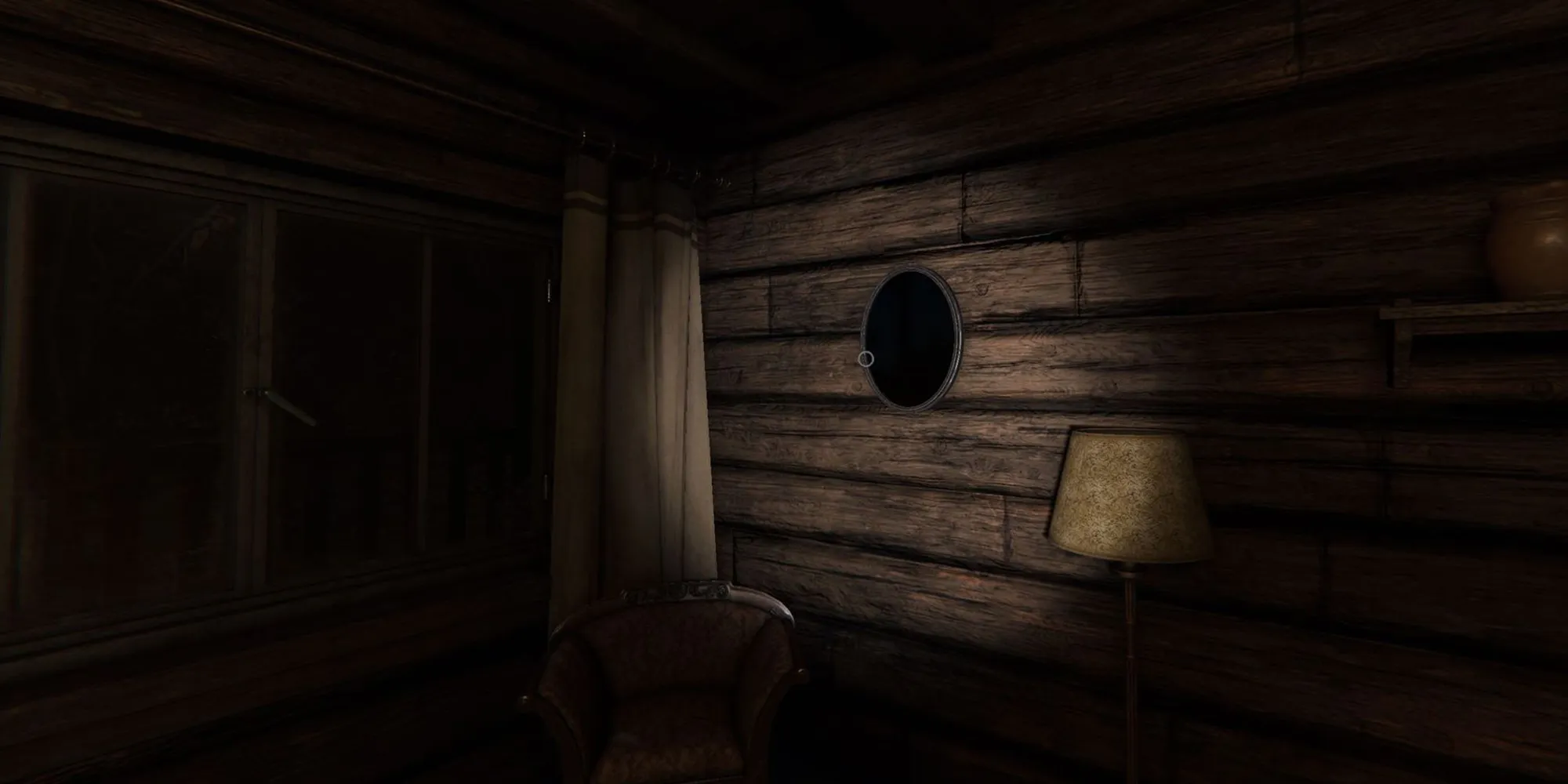 图像显示了幽灵惊魂中Bleasdale农舍办公室里一个镜子，旁边有一盏落地灯和椅子。