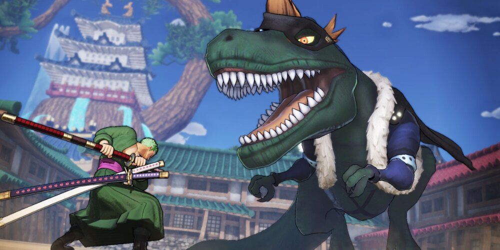 Luffy facing off against Drake in his T-rex form