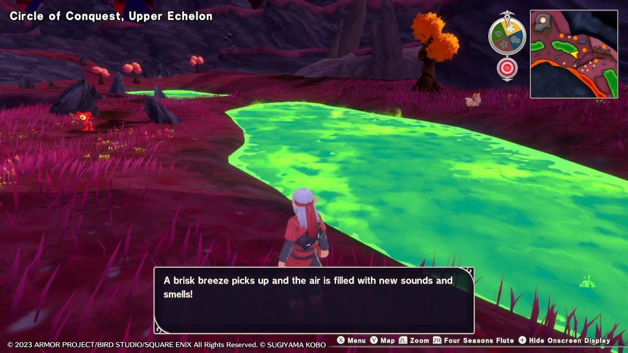 Psaro utilisant un assaisonnement dans le Cercle de la Conquête Haut Échelon et une boîte de dialogue dit que les sons et les odeurs changent dans Dragon Quest Monsters : The Dark Prince.