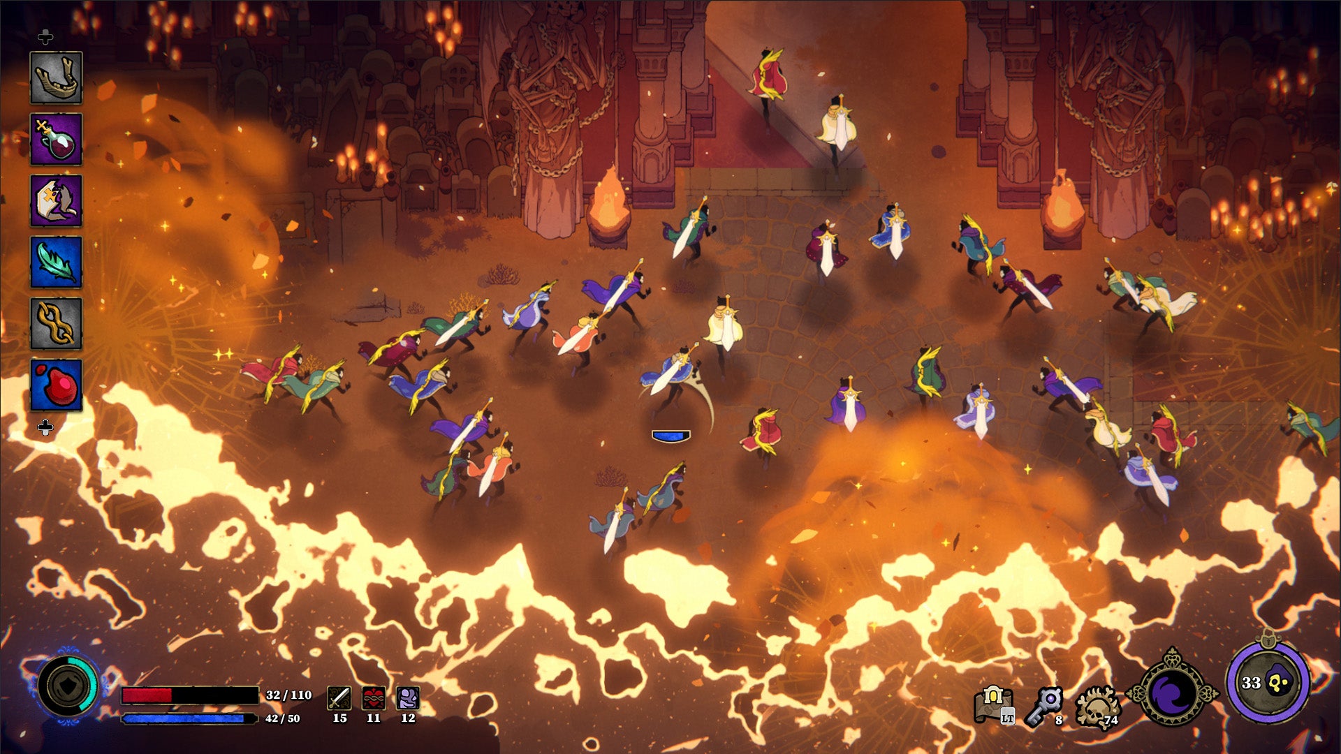 一张自顶向下的图片，数十名背着剑的玩家跑进一个建筑物。他们被火追击着。整个画面拥有沙漠般的美感。