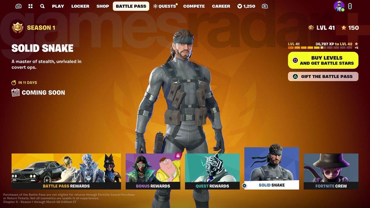 Fortnite Solid Snake on the Battle Pass screen