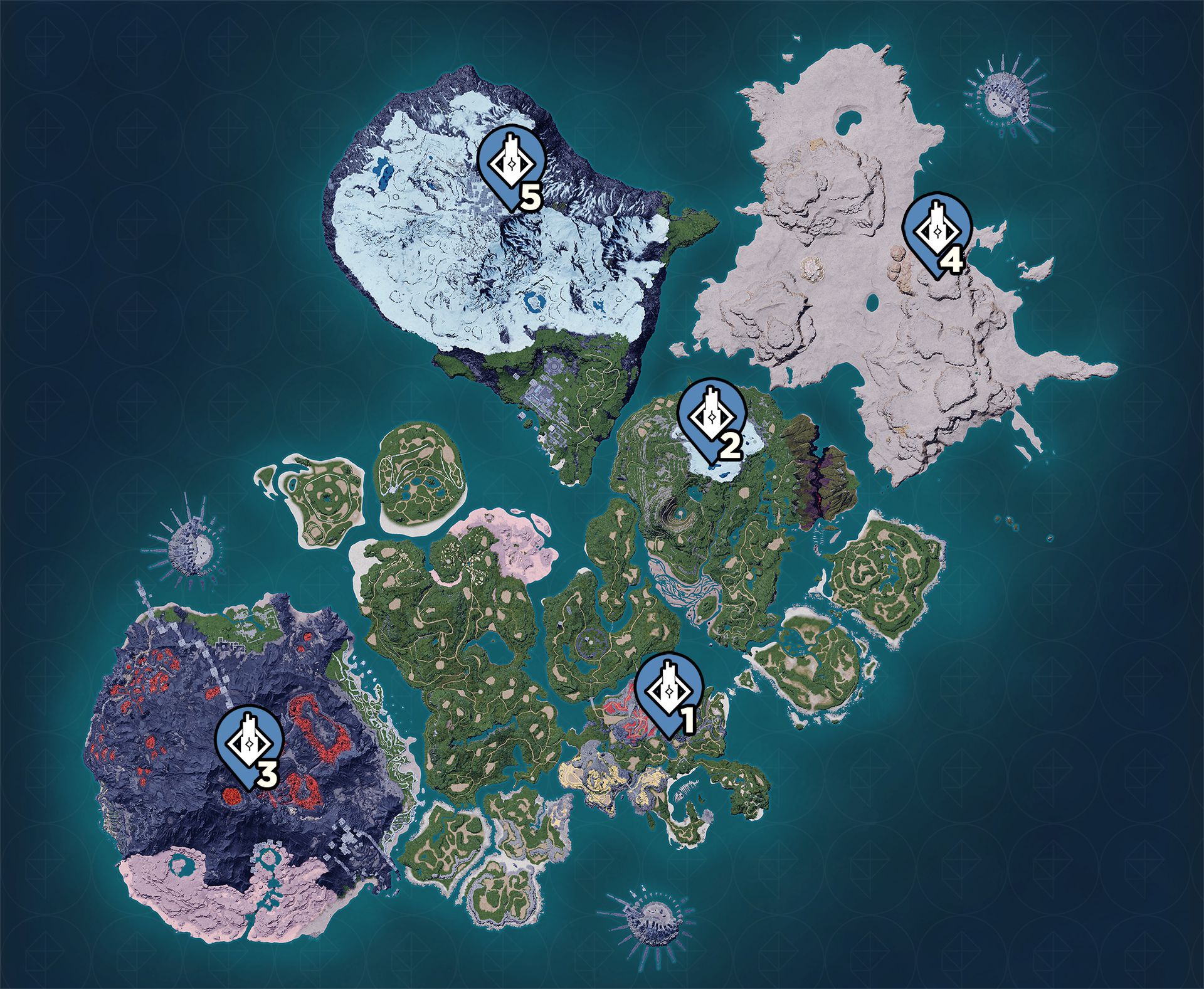 Un mapa que marca las ubicaciones de todas las torres en Palworld