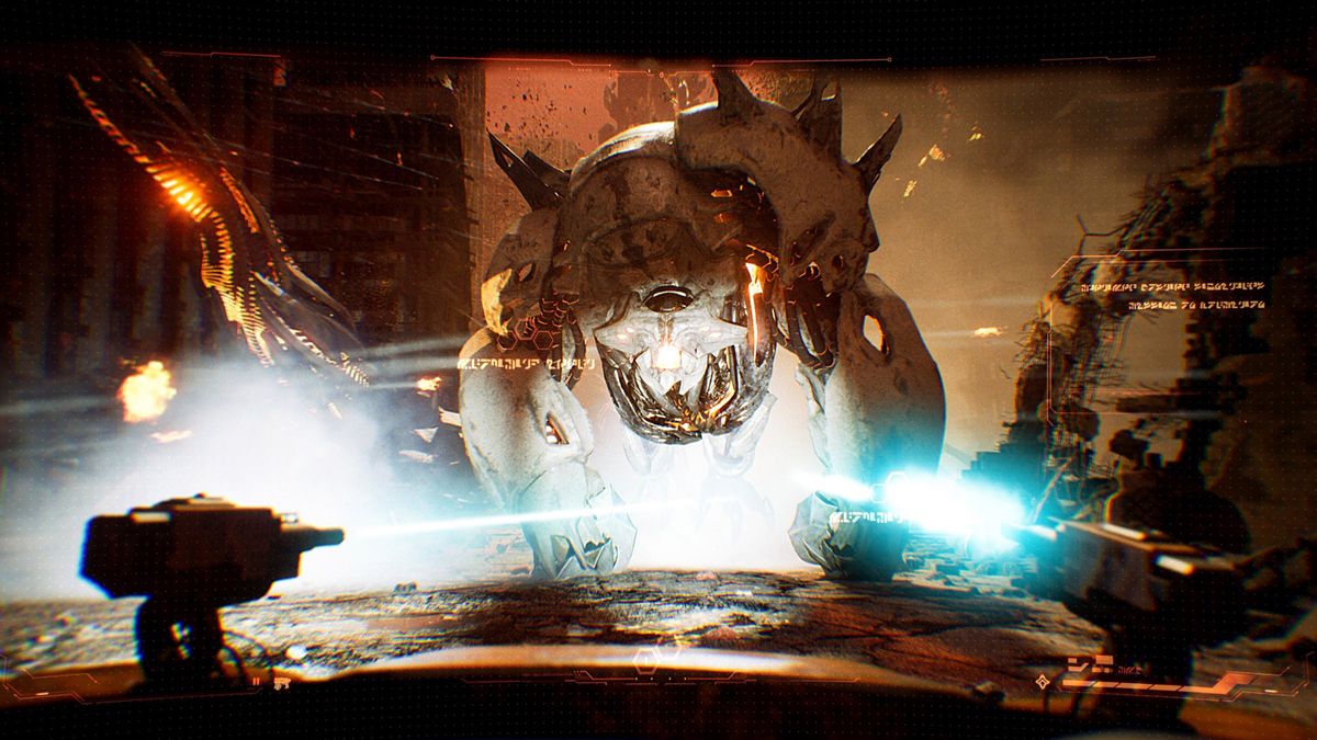 Captura de tela do trailer de Transformers Reactive mostrando armas disparando contra um dinobot