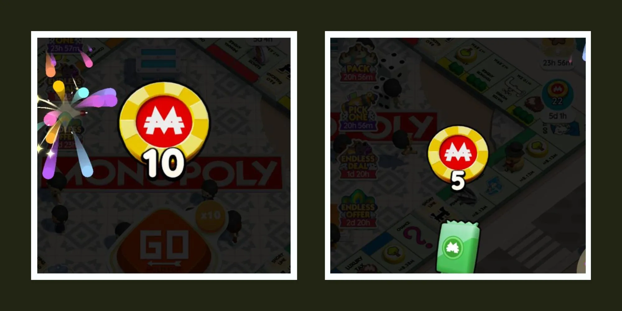 10 fichas Peg-E a la izquierda, 5 fichas Peg-E y un paquete de pegatinas verdes a la derecha en Monopoly Go