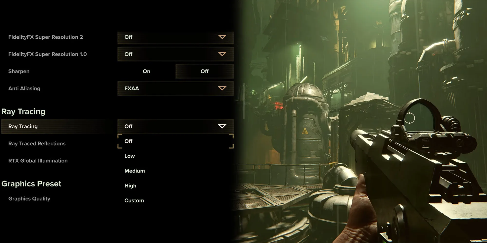 Warhammer 40K Darktide - Opzioni di Ray Tracing accanto a un'immagine di illuminazione nel gioco con il Ray Tracing attivo
