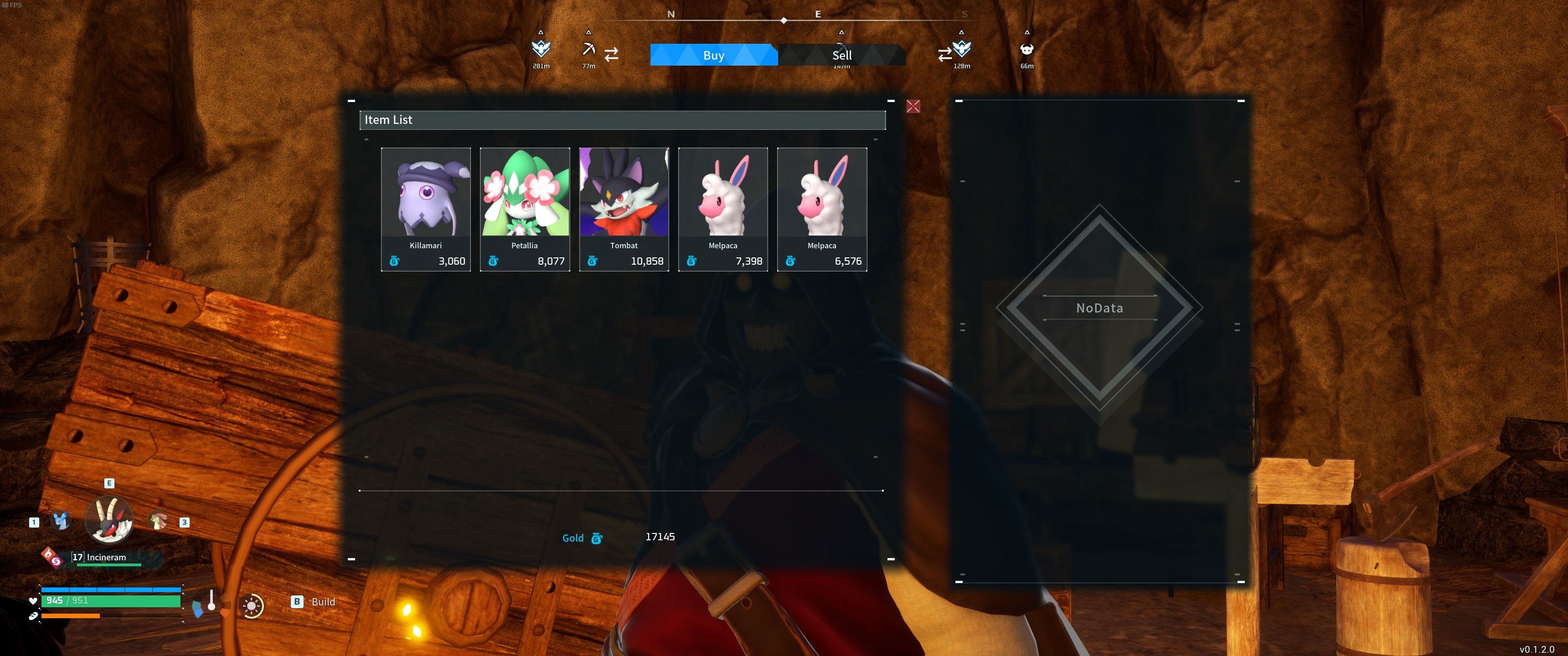Palworld: An image of the Black Marketeer’s shop inventory screen showing two Melpacas, a Flopie, a Tombat, and a Killamari