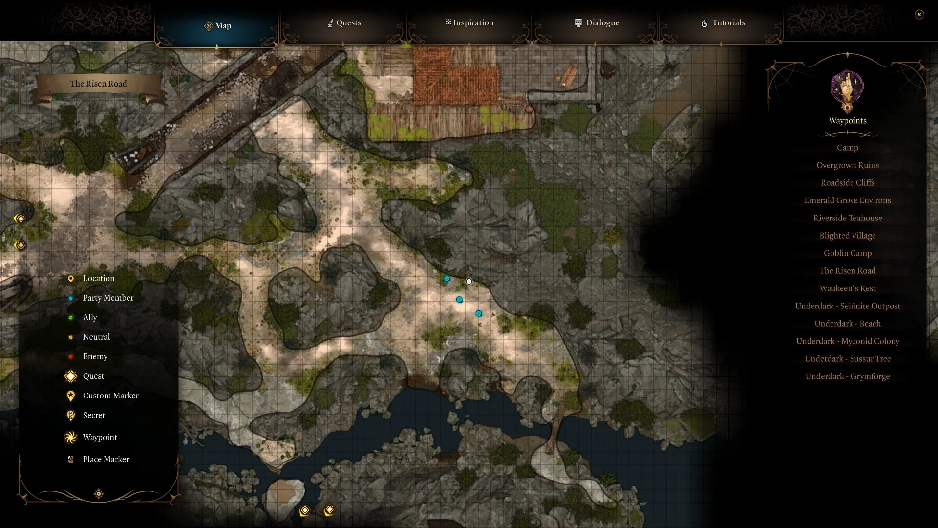 Baldur’s Gate 3: Un'immagine della mappa delle Risen Roads, focalizzata sulla posizione della Toll House