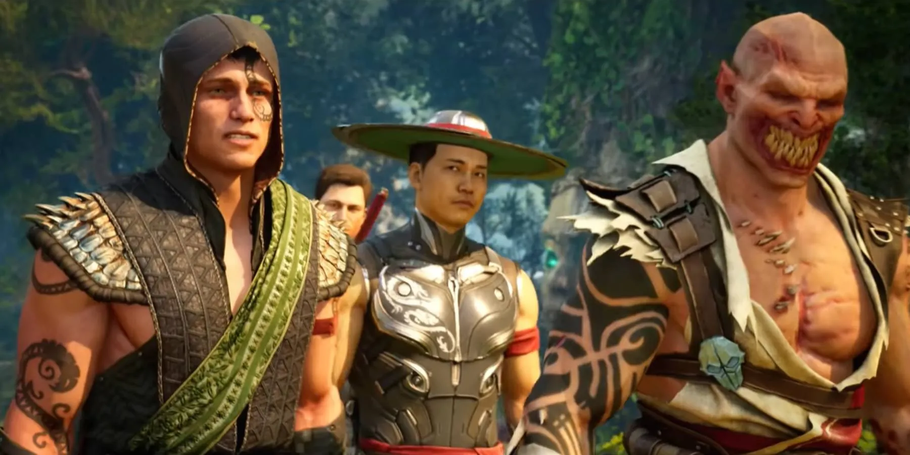 Reptile, Johnny Cage, Kung Lao et Baraka se promenant dans la forêt vivante dans Mortal Kombat 1