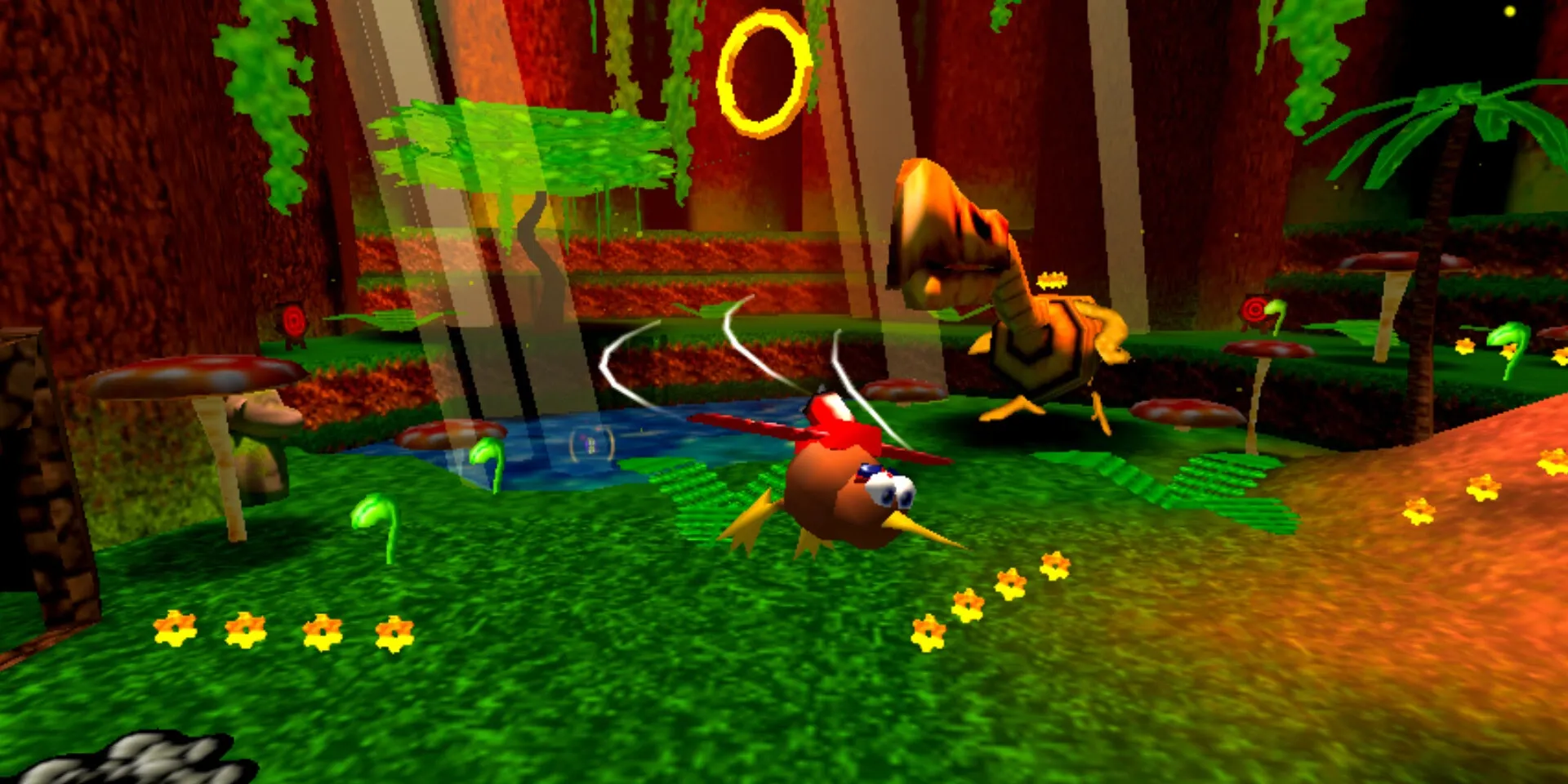 A kiwi flying around in a little jetpack around a Super Kiwi 64 stage