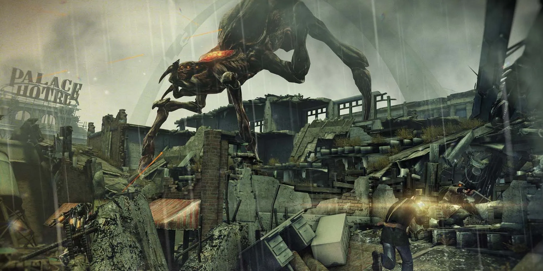 Une grande créature extraterrestre se faufile à travers une ville détruite sous la pluie
