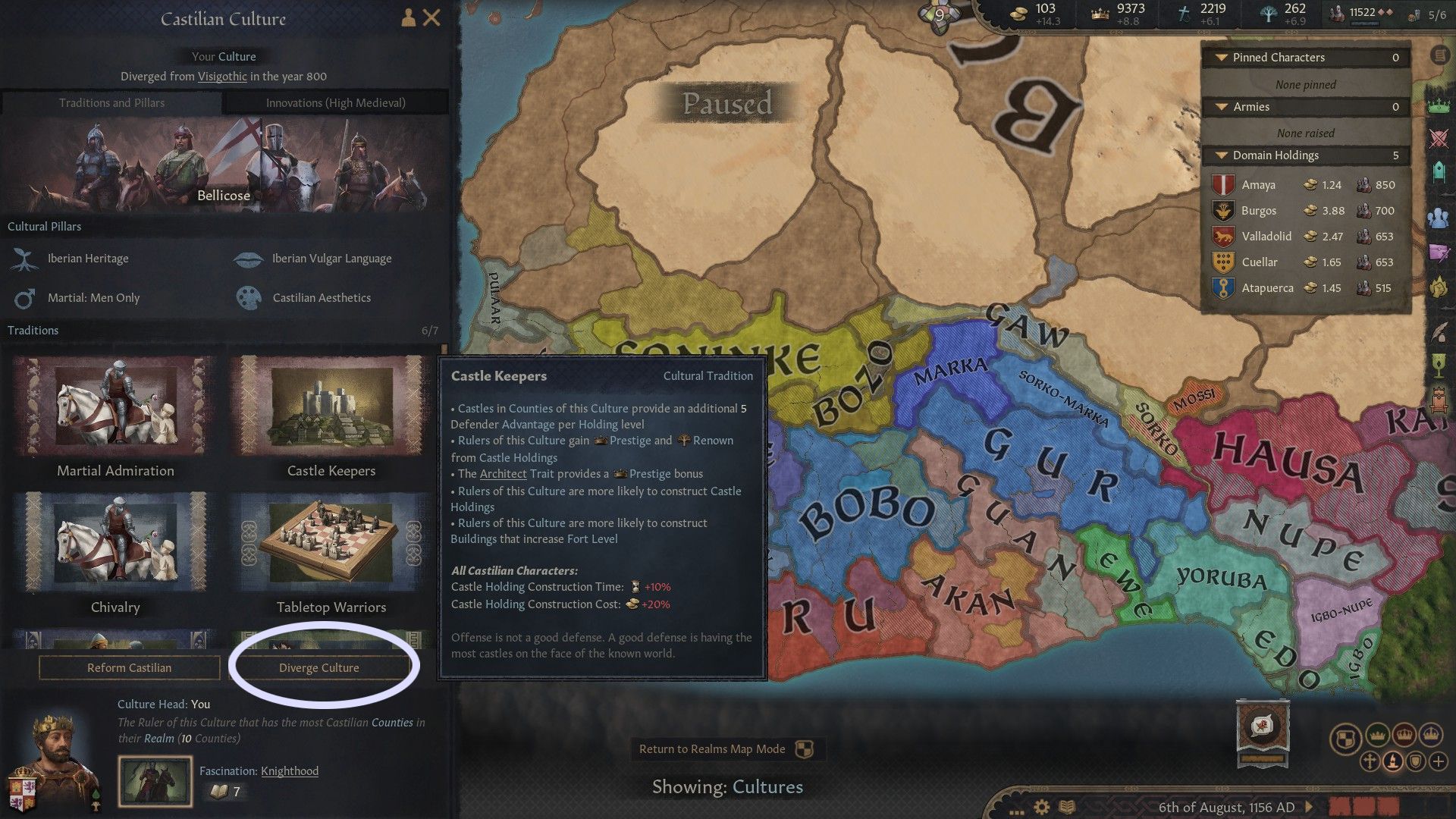 the castilian culture screen in crusader kings 3, with the diverge culture button circled