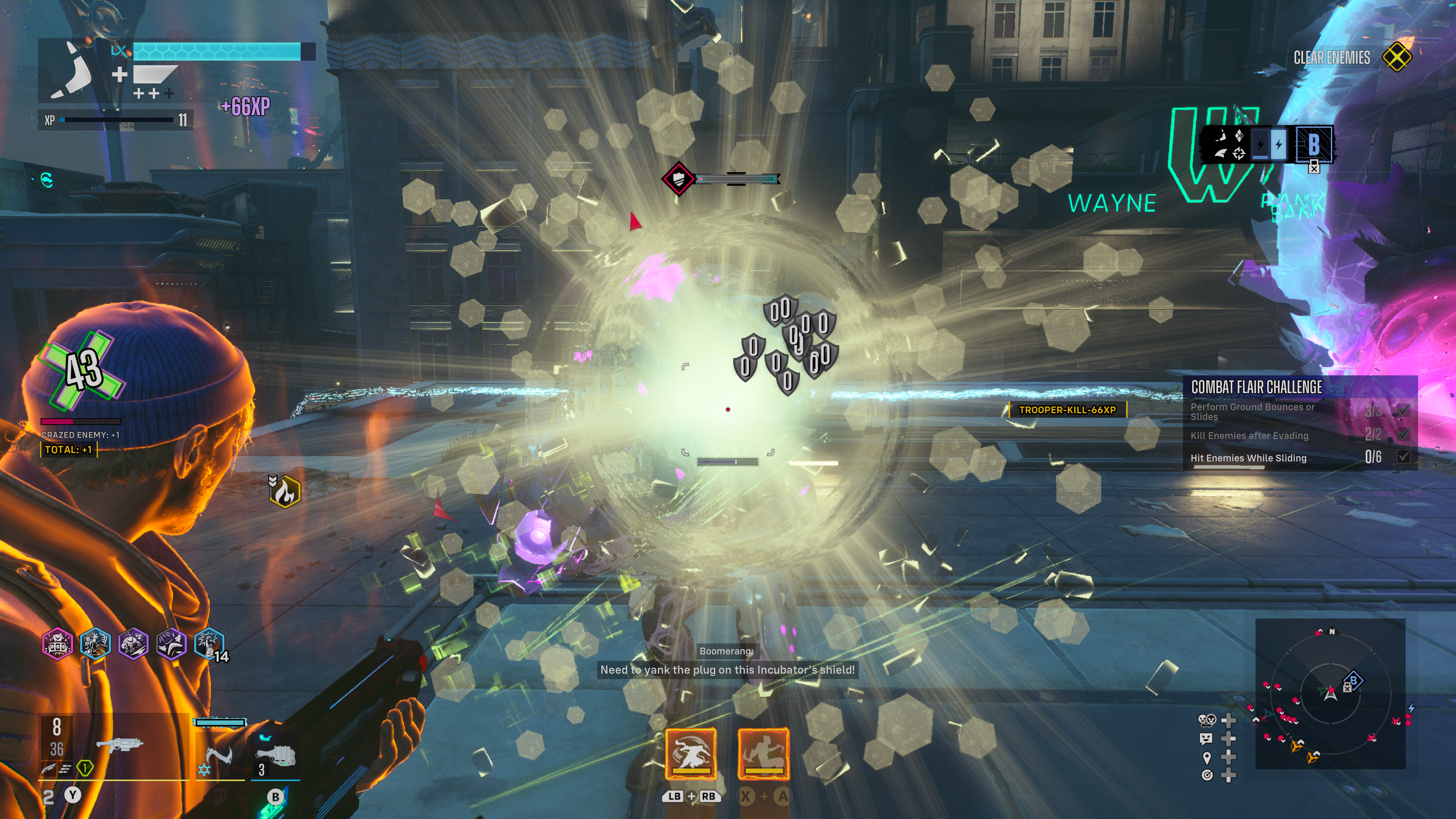 Captura de pantalla: Combate con una escopeta volando el escudo de un enemigo