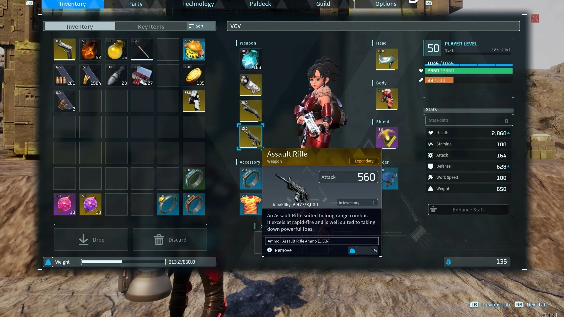Character inventory in Palworld showcasing legendary Assault Rifle